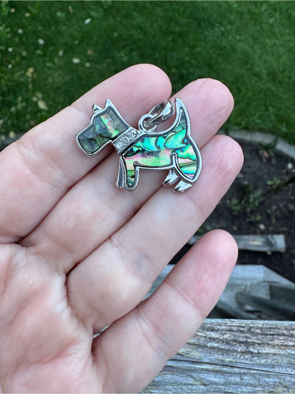 Silver Dog Pendant with Iridescent Abalone Inlay - Green Accent